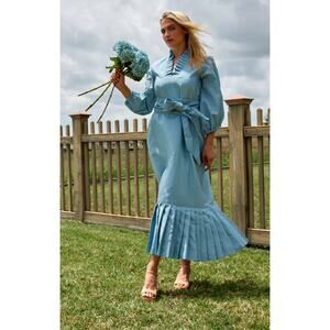 Sue Sartor Pleated flounce maxi mist raw silk taffeta dress size XL‎ $595